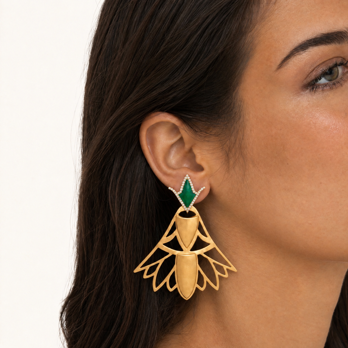 Emerald Bloom of Nefertari Earrings on model — emerald