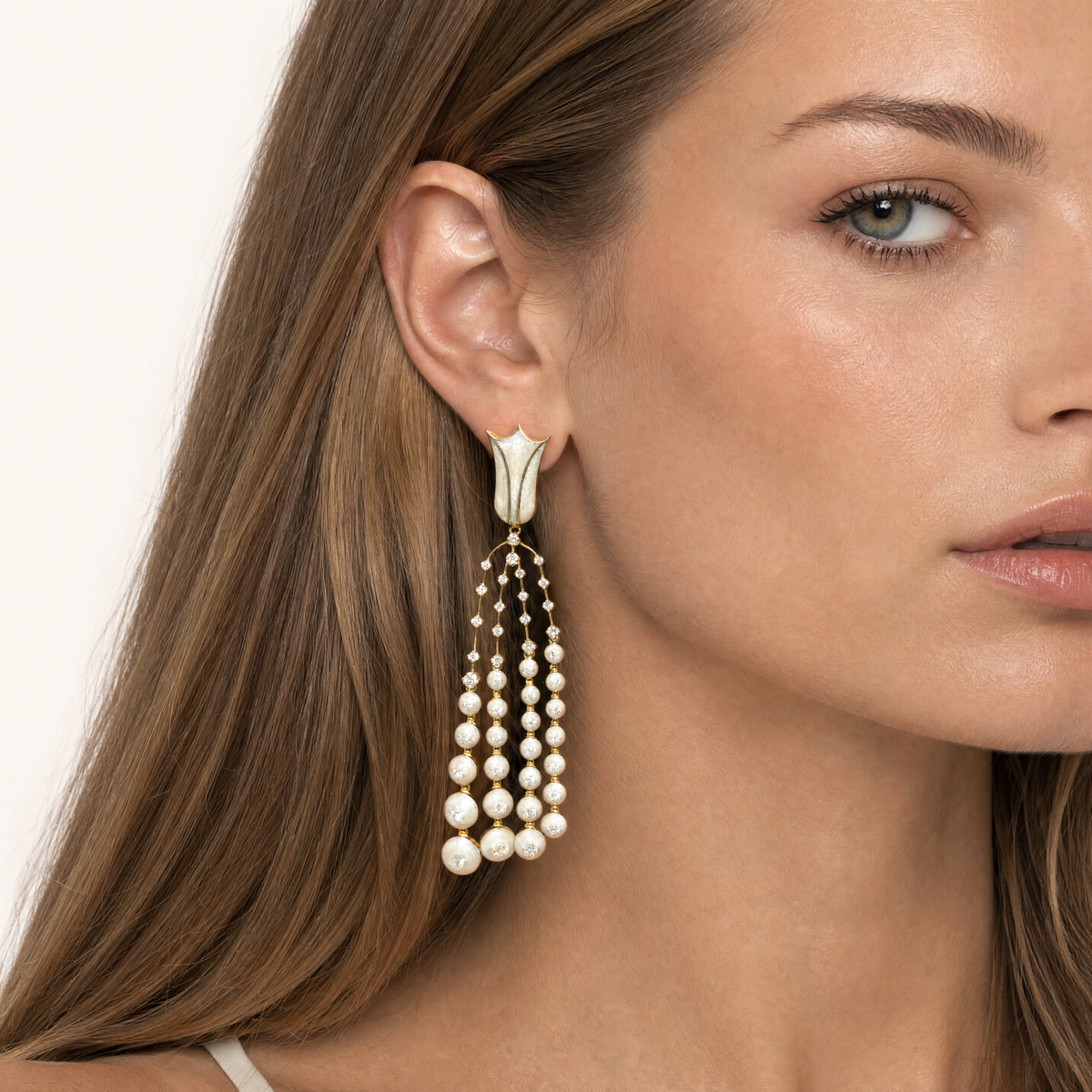The Lotus Waterfall Earrings on model