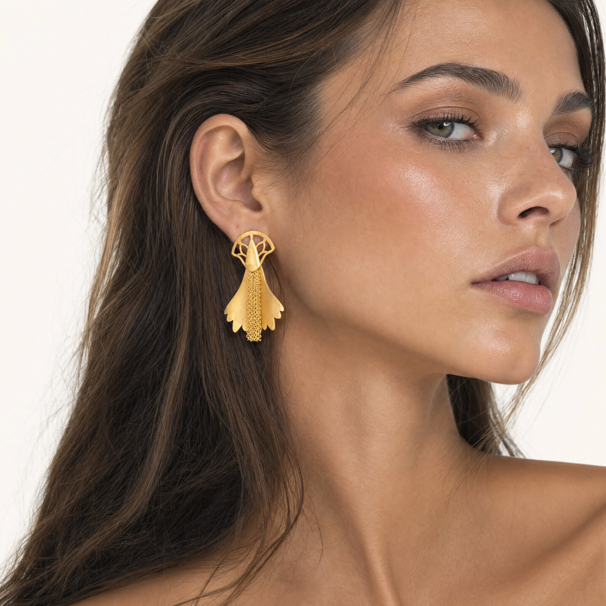 The Lotus Lantern Earrings on model