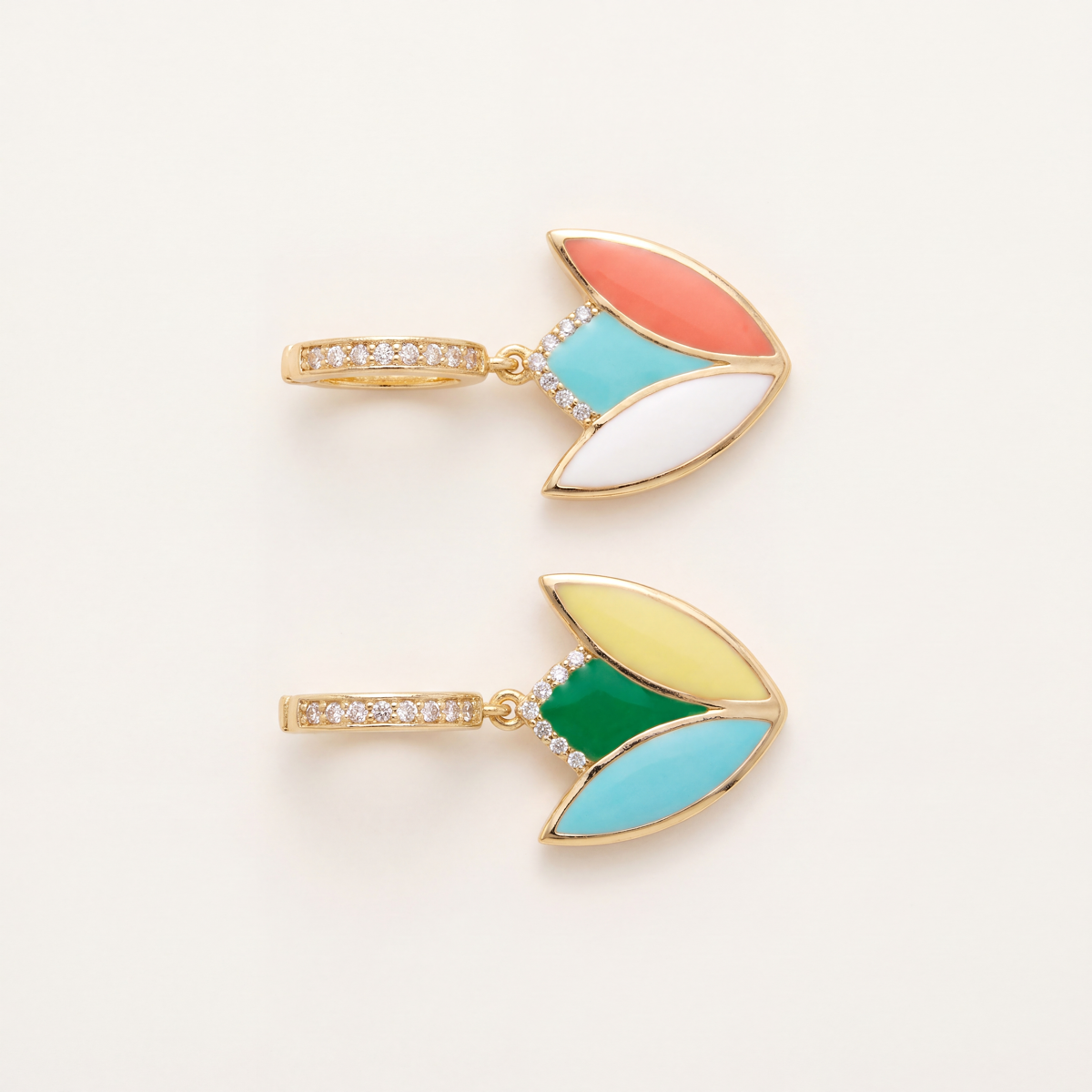 Trinity Petal Earrings flatlay — both editions